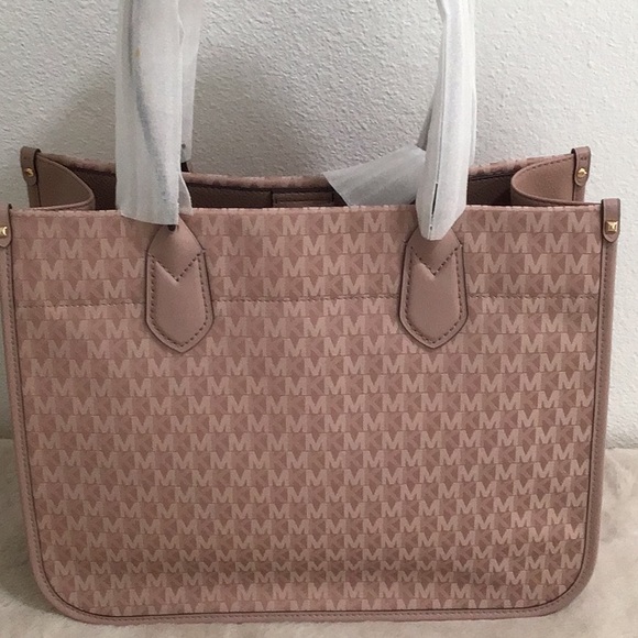 🆕 MICHAEL KORS “ Heidi” Semi-Lux Canvas Leather Signature Logo Large Tote Fawn - Picture 5 of 11